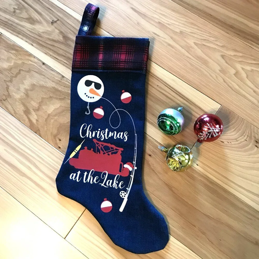 Recycled Denim Christmas Stocking, Lake Cabin Decor Pontoon Fishing Boat